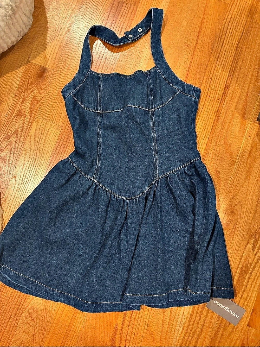 Missguided Denim Halter Mini Dress With Flared Skirt Blue